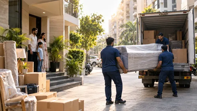 Bharat Packers and Movers crew loading a wrapped sofa into a covered truck, best packers and movers in Patna